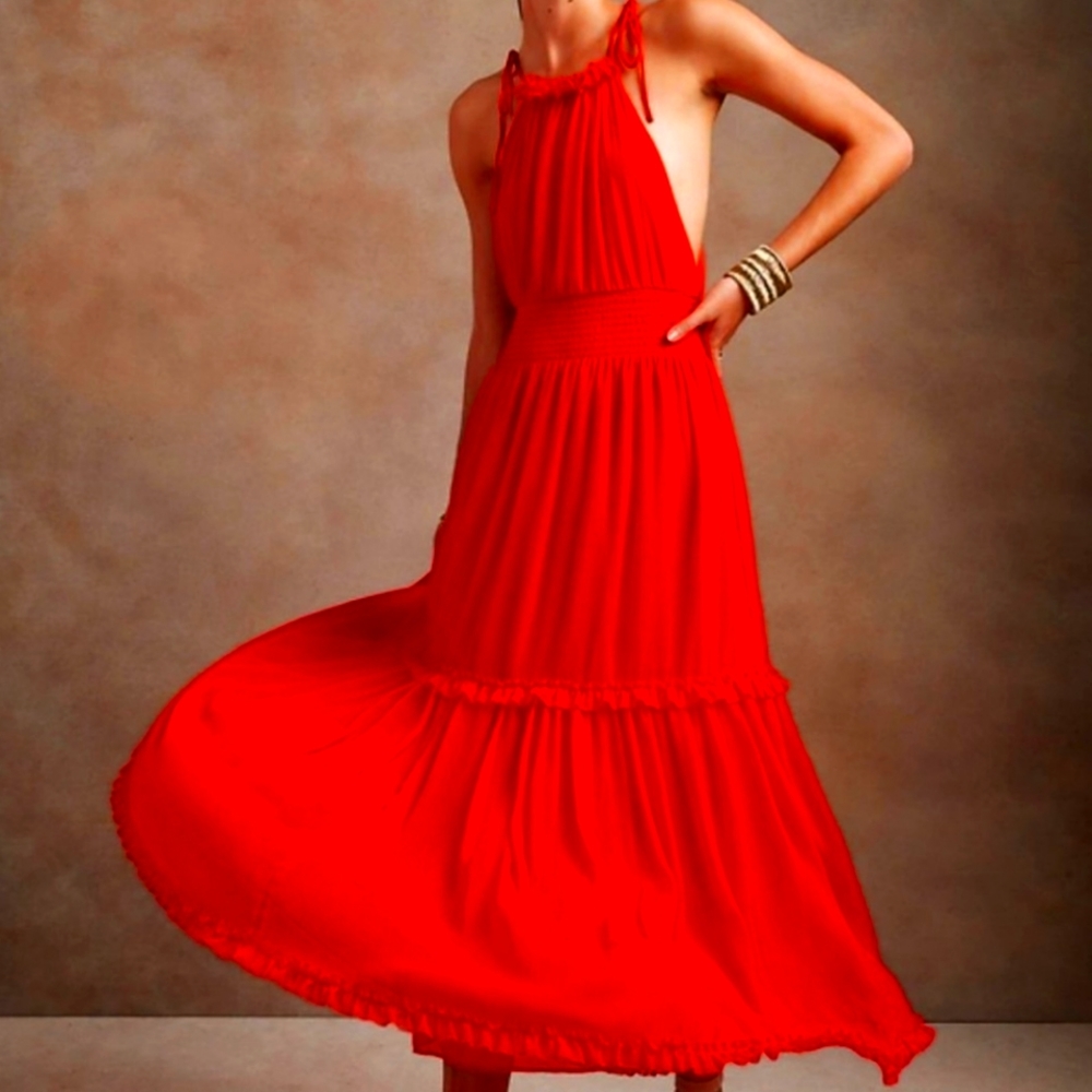 🎄Final Price | Banana Republic | Halter Maxi Dress | Red Sunset | Large Tall